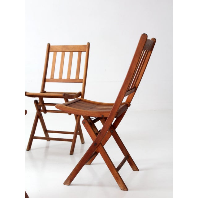 Antique Slat Wood Folding Chairs Set 4 For Sale - Image 10 of 14