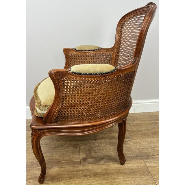 Vintage French Cane Upholstered Accent Carved Chair For Sale - Image 3 of 15