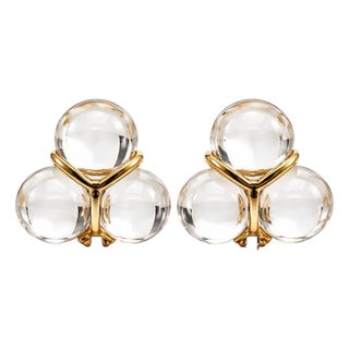 Late 20th Century Pair Baccarat 18k Yellow Gold Clear Crystal Glass Earrings For Sale