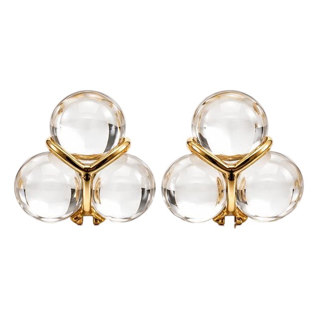 Late 20th Century Pair Baccarat 18k Yellow Gold Clear Crystal Glass Earrings For Sale