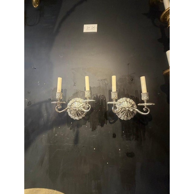 Neoclassical 1900 Caldwell Silver Plated Sconces Two Lights - a Pair For Sale - Image 3 of 8