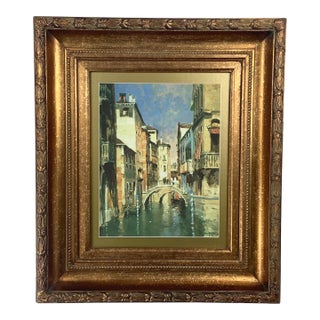 Vintage European Canal Scene in Ornate Gilt Wood Frame For Sale