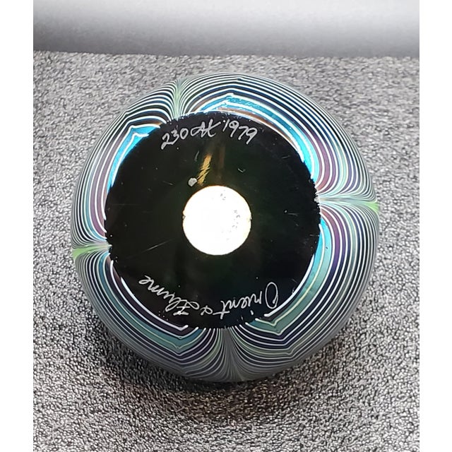 Orient & Flume Signed Flower Shield Art Glass Paperweight 1979 Iridescent Blue For Sale - Image 11 of 18