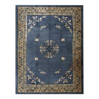 Traditional Medallion Floral Blue Field 1920s Antique Chinese Rug 10'3" X 13'9" For Sale