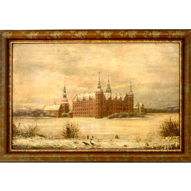 Realism Antique Oil Painting of Frederiksborg Castle in the Winter For Sale - Image 3 of 8