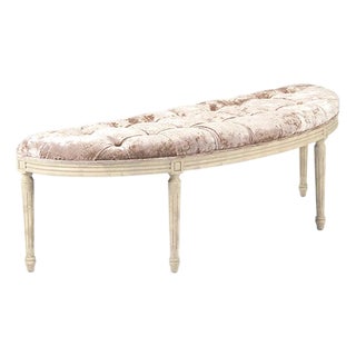 Louis Demilune Curve Tufted Bench - Blush Crushed Velvet / Ivory Painted Frame For Sale