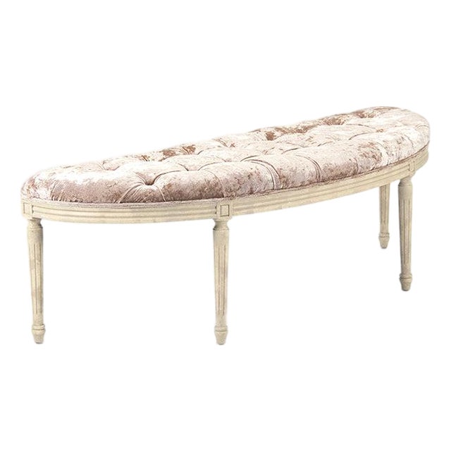 Louis Demilune Curve Tufted Bench - Blush Crushed Velvet / Ivory Painted Frame For Sale