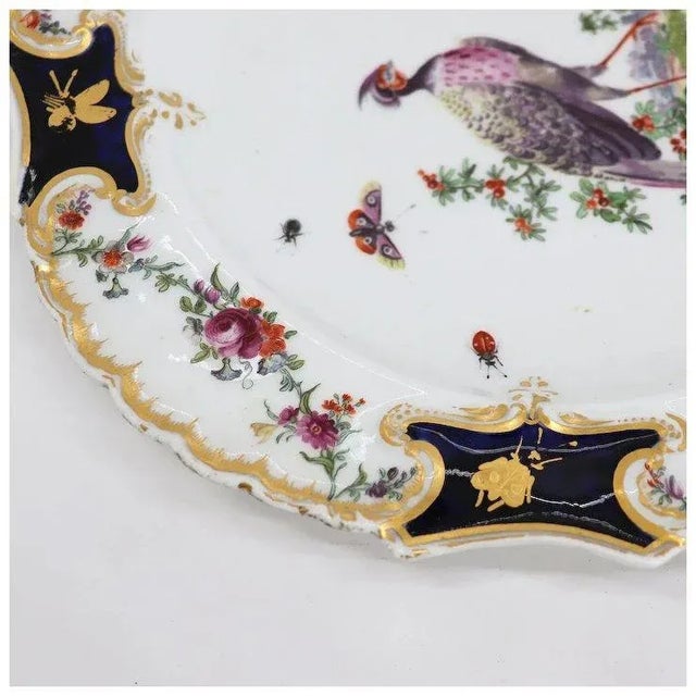 White English Chelsea Soft Paste Porcelain Exotic Bird Gilt and Mazarine-blue Plate For Sale - Image 8 of 9