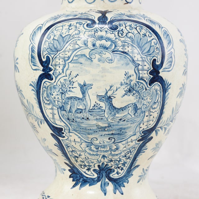 Early 21st Century Pair of Vintage Hand Painted Blue and Cream Ceramic Table Lamps With Deer and Floral Folk Art Design For Sale - Image 5 of 13