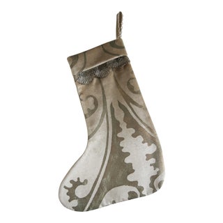 Silvery Gold Hand Stenciled on Champagne Color Velvet with Metallic Trim Stocking For Sale