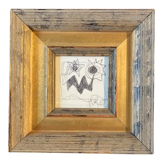 1980’s Original Vintage Wayne Cunningham Small Abstract Charcoal Drawing Chunky Gold Frame For Sale
