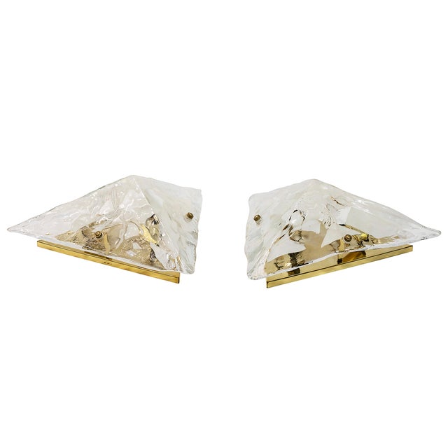 Pair of Mid-centutry Italian wall light sconces or flush mount lamps in handmade triangle form Murano glass and brass...