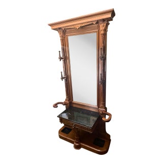 Victorian Walnut & Burled Walnut Hall Tree – 94½” Tall, Original Drip Pans, Black Marble, Beveled Mirror (C. 1880s) For Sale
