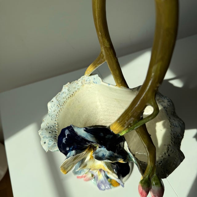 Mid 20th Century Italian Majolica Hand Painted Floral and Tulip Basket Vase For Sale - Image 10 of 12