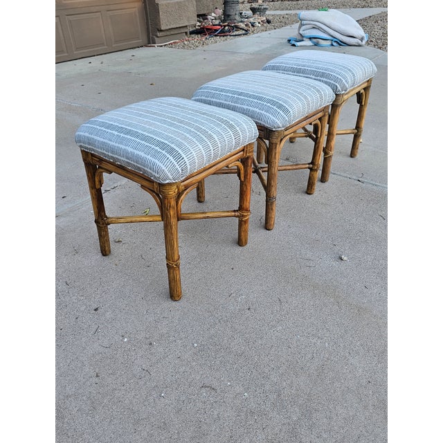Pair of McGuire Target Back Lounge Chairs With 3 McGuire Footstools For Sale - Image 15 of 18