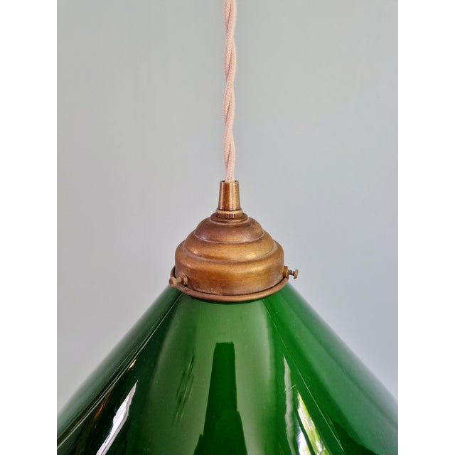 Copper Art Deco Conical Green Opaline Glass Pendant Lights, Set of 2 For Sale - Image 8 of 14