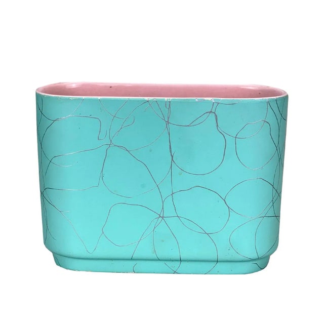 Mid-Century Atomic Turquoise Pottery Spaghetti Motif Planter Vase For Sale - Image 11 of 11