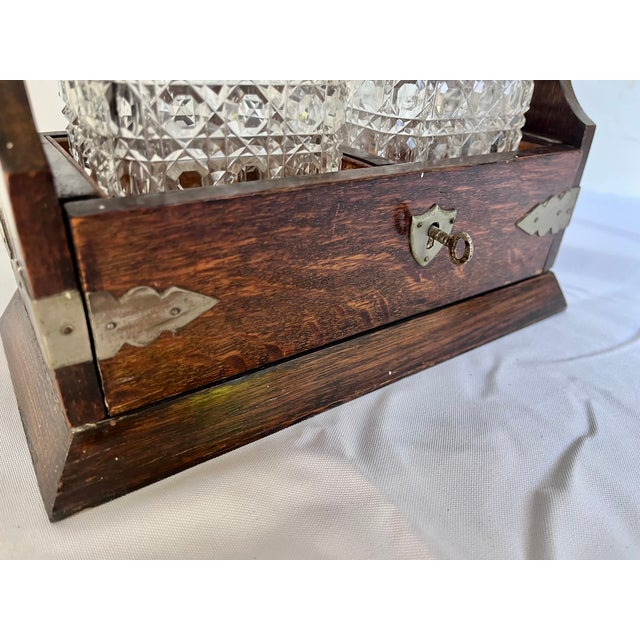 Antique Late 1800s English Oak Two Decanter Tantalus with Key - 4 pcs For Sale - Image 9 of 12