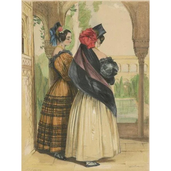 Antique print titled 'Las dos Hermanas'. Lithograph of two sisters in a traditional Spanish dress standing in an portico...