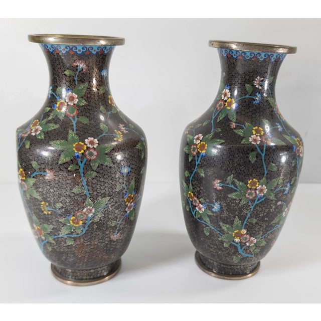 Early 20th Century Early 20th Century Pair of Chinese Cloisonne Enamel Vases With Dents For Sale - Image 5 of 11