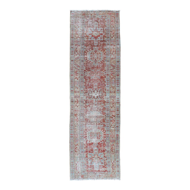 Antique Persian Heriz Runner With Geometric Design in Soft Red and Sky Blue 2'10 X 10'1 For Sale