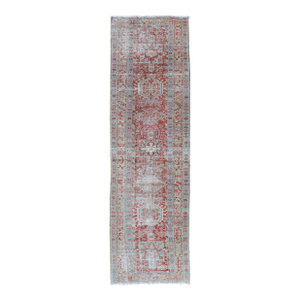Antique Persian Heriz Runner With Geometric Design in Soft Red and Sky Blue 2'10 X 10'1