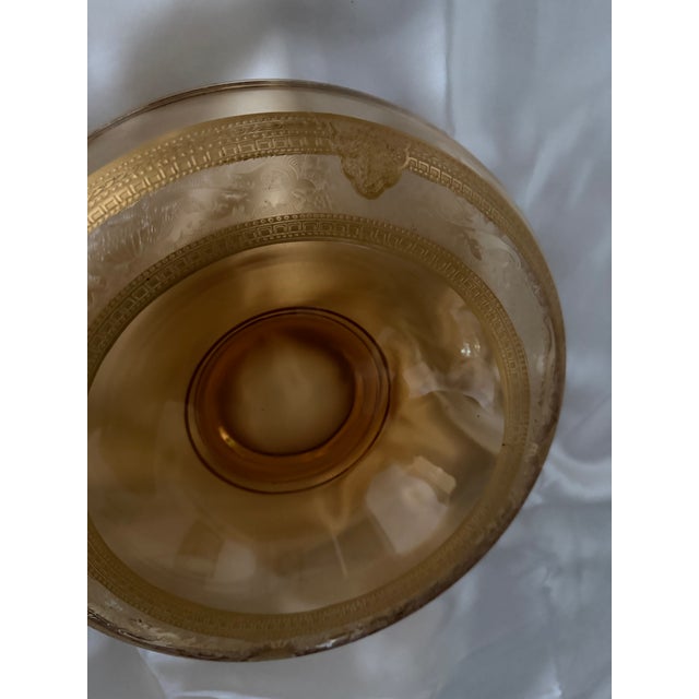 Hollywood Regency Vintage Amber Glass Serving Bowl With Intricate Gold Gilt Decoration For Sale - Image 3 of 6