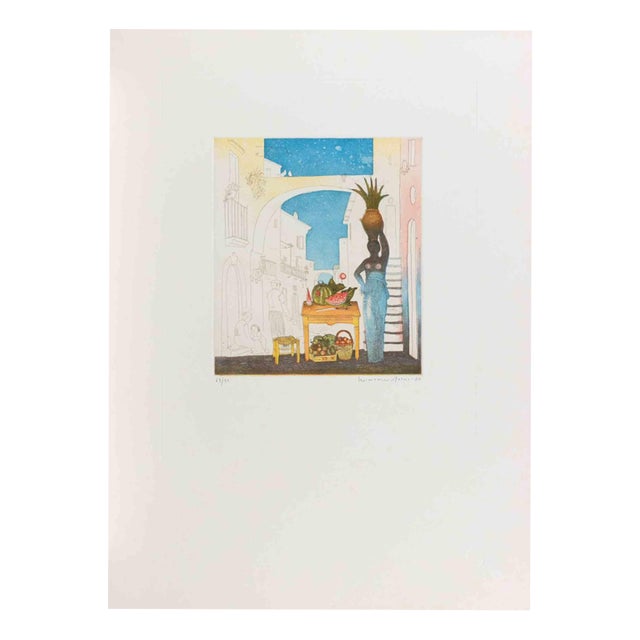 Normanno Soscia, Vase Carrier and Fruits, Etching, 1980 For Sale