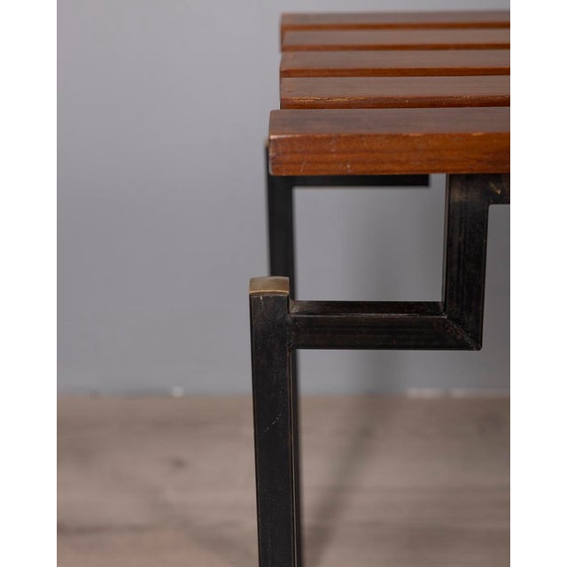 Bench with black metal frame and gold-plated brass feet, seat with solid teak wood slats, Italian design, 1960s.