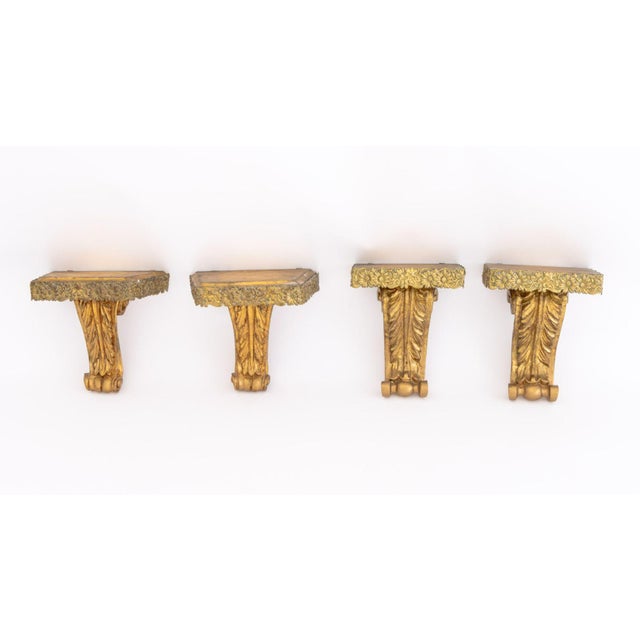 Set of Four Italian Neoclassical Style Gilt Wall Brackets, each with acanthus leaf motif, Art Nouveau style repousse gilt...