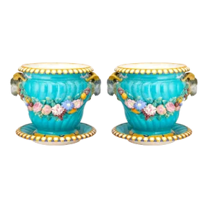 Striking Pair Minton Style Porcelain Continental Majolica Jardinieres/ Stands