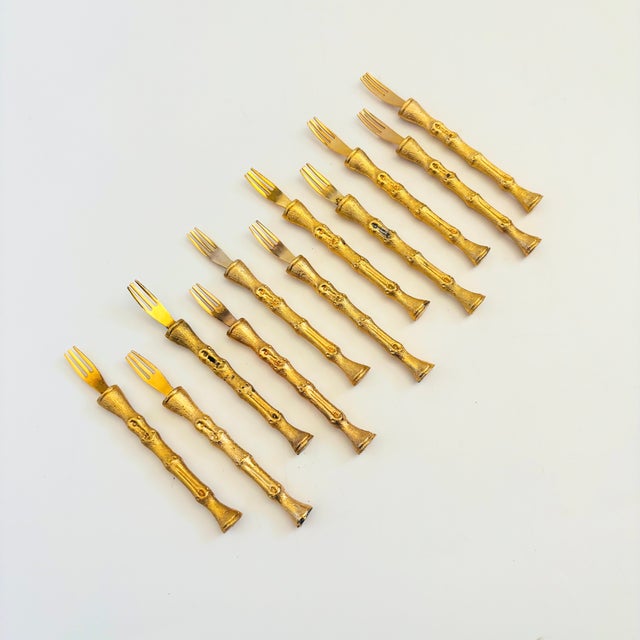 Hollywood Regency Vintage Golden Bamboo Cocktail Forks - Set of 11 For Sale - Image 3 of 9