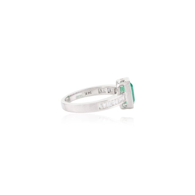 Metal Art Deco Rectangular Emerald Baguette Cut Diamond Solitaire Ring Size 6.5 For Sale - Image 7 of 8
