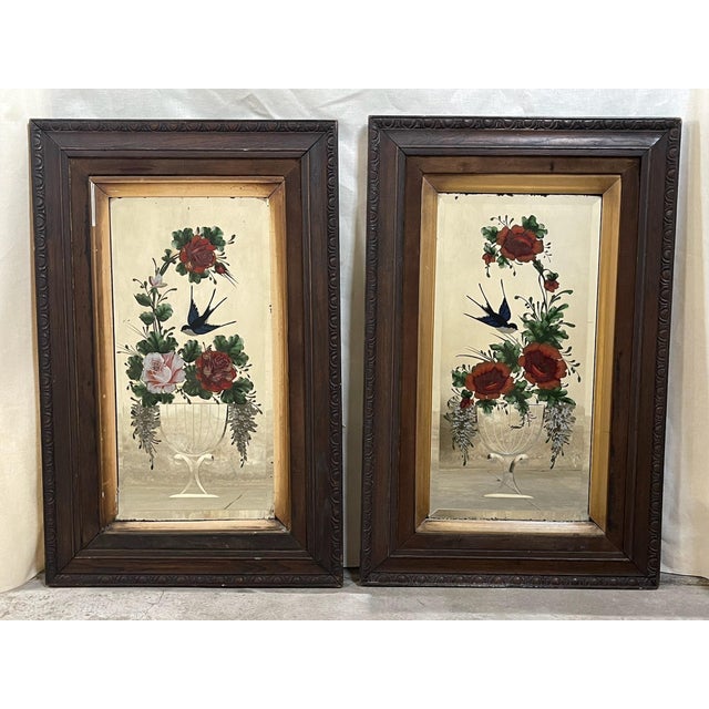 Glass 19th Century Pair of Victorian Reverse Painted and Cut Glass Framed Mirrors For Sale - Image 7 of 10