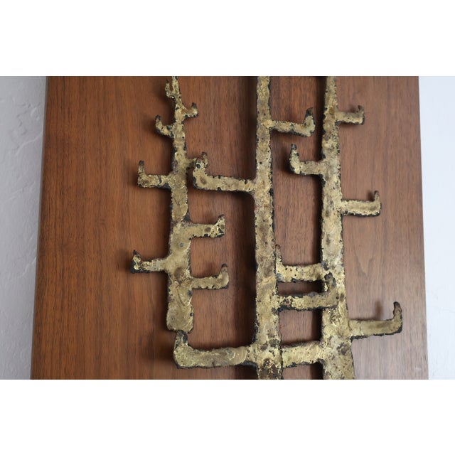 1960s Peter Pepper Products Brutalist Torch-Cut Brass Wall Sculpture on Walnut Panel For Sale - Image 5 of 10
