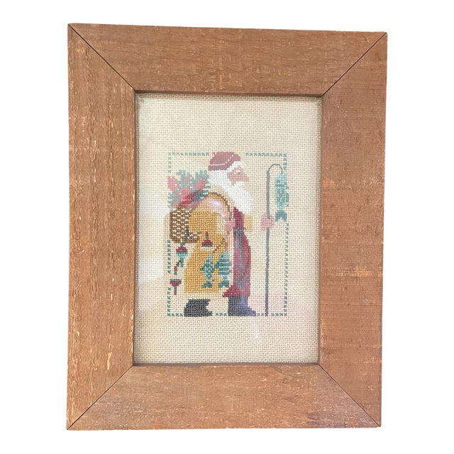 Vintage Christmas Santa Claus Counted Cross Stitch Needlepoint Framed Wall Art For Sale