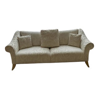 Contemporary White Fabric Sofa With Swirl Pattern, Blond Wood Curved Legs For Sale