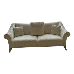 Contemporary White Fabric Sofa With Swirl Pattern, Blond Wood Curved Legs