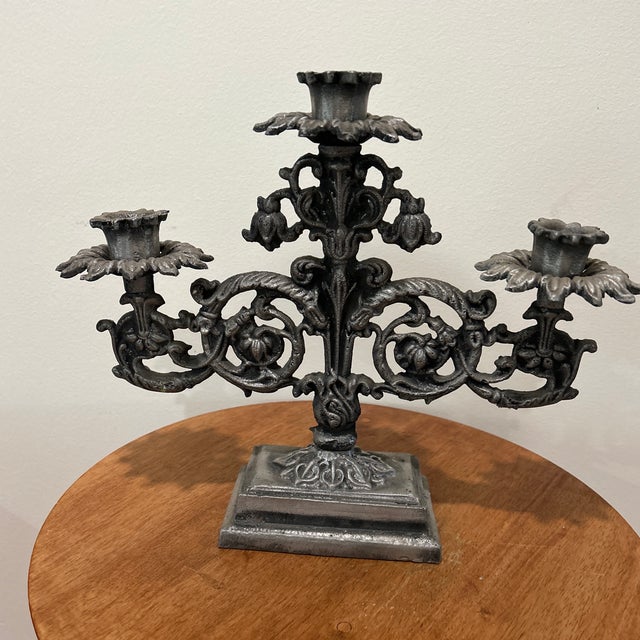 Vintage Art Nouveau Triple French Gothic Candelabra Candle Holder For Sale - Image 11 of 12