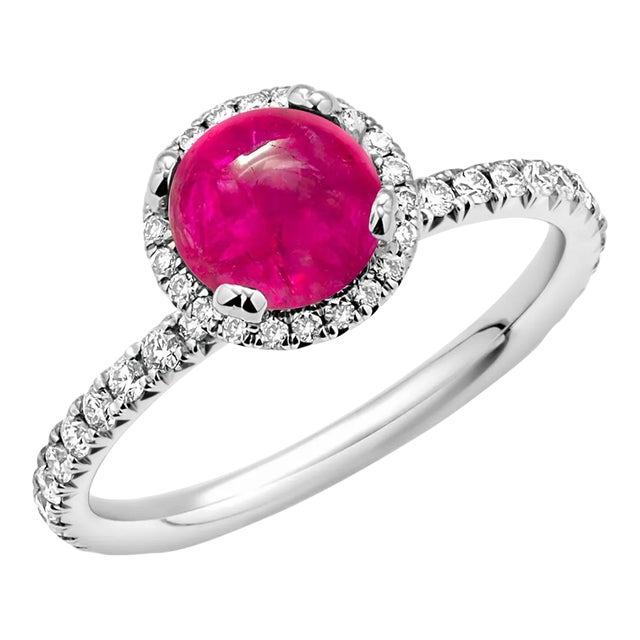 Platinum Diamond 0.72 Carat Cabochon Ruby 1.70 Carat Engagement Ring Size 6.25 For Sale