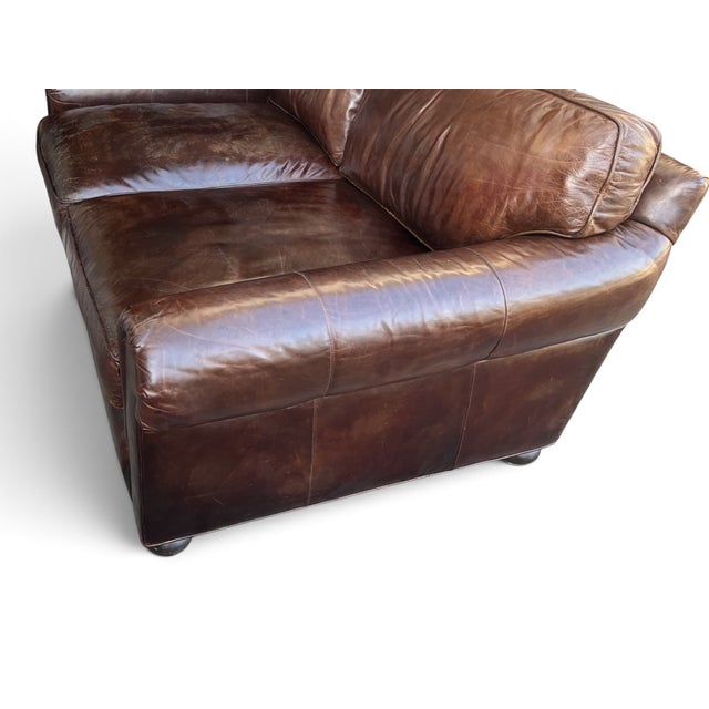 Early 21st Century Restoration Hardware Brown Leather Two-Cushion Sofa With Rolled Arms and Bun Feet For Sale - Image 5 of 14