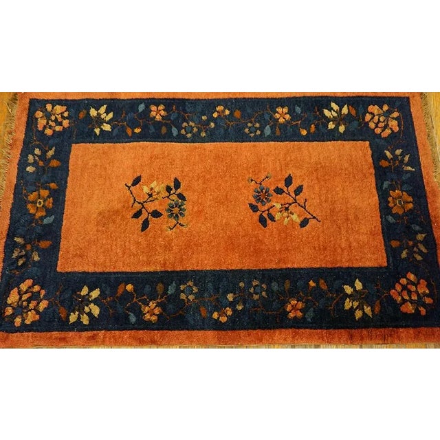Art Deco 1920s Pairs Orange Field Orange Antique Chinese Peking Knotted Wool Small Rugs For Sale - Image 3 of 14