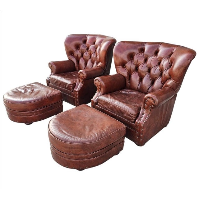 Mid-Century Modern Chesterfield Tufted Leather Armchairs With Ottoman-a Pair For Sale - Image 3 of 18