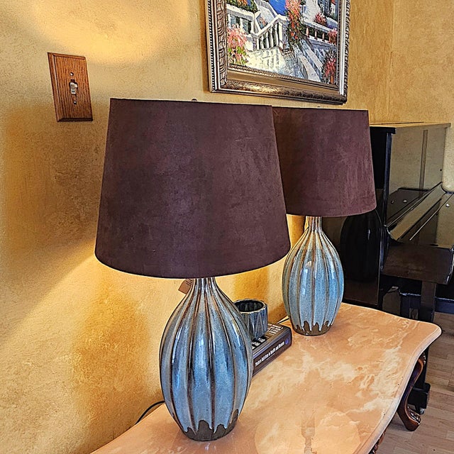 Turquoise Pottery Table Lamps – Mid‑Century Style, 32" - a Pair For Sale - Image 13 of 18