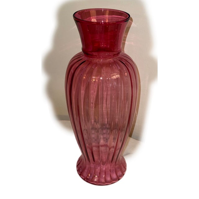 Mid-Century Modern Contemporary Ribbed Cranberry Pink Glass Vase - 16 Inches Tall For Sale - Image 3 of 10