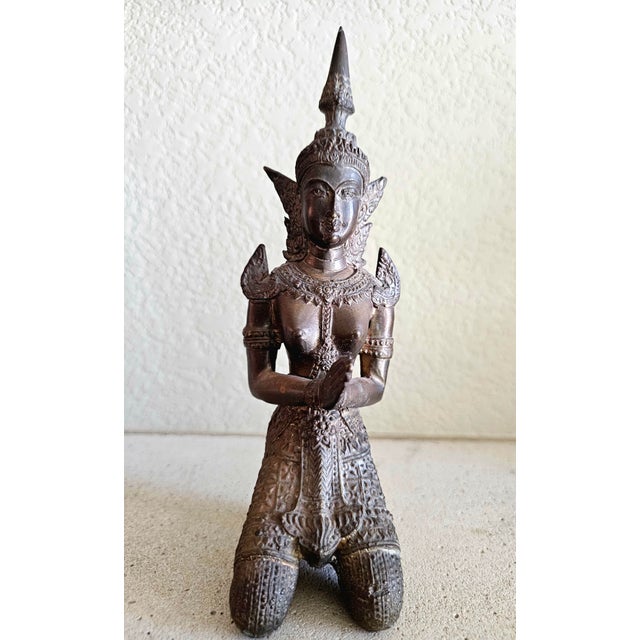 Early 20th Century Thai Bronze Thepphanom Devata Statue – Kneeling Celestial Guardian, 9” For Sale - Image 10 of 12