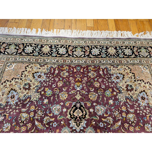 Textile Vintage Persian Tabriz Rug, Hand-Knotted Wool & Silk, Fine Floral Pattern, Burgundy & Navy, 10x13 For Sale - Image 7 of 18
