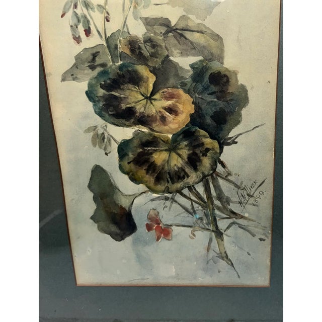 Wood 1899 Signed Floral Watercolor of a Flower Bouquet of Impatiens & Violets in the Original Frame For Sale - Image 7 of 10