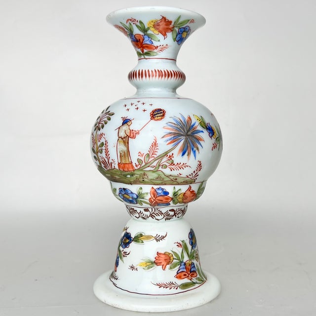 An exquisite and rare hand blown opalescent white glass vase, hand painted with enamel in beautiful Kakiemon style...