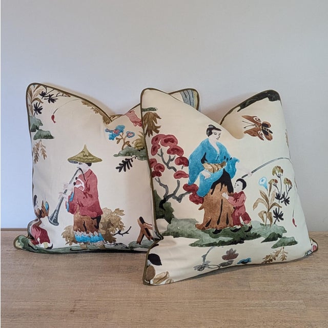 Asian Brunschwig & Fils Luang Print Pillows in Meadow With Green Cord- Double Sided For Sale - Image 3 of 7